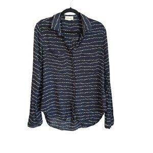 Bella Dahl Navy Blue White Polka Dot Button Down Blouse Medium Two Pocket Soft